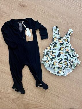Lot of TWO Angel Dear 3-6 month: NWT Black Footed bamboo One-Piece + romper